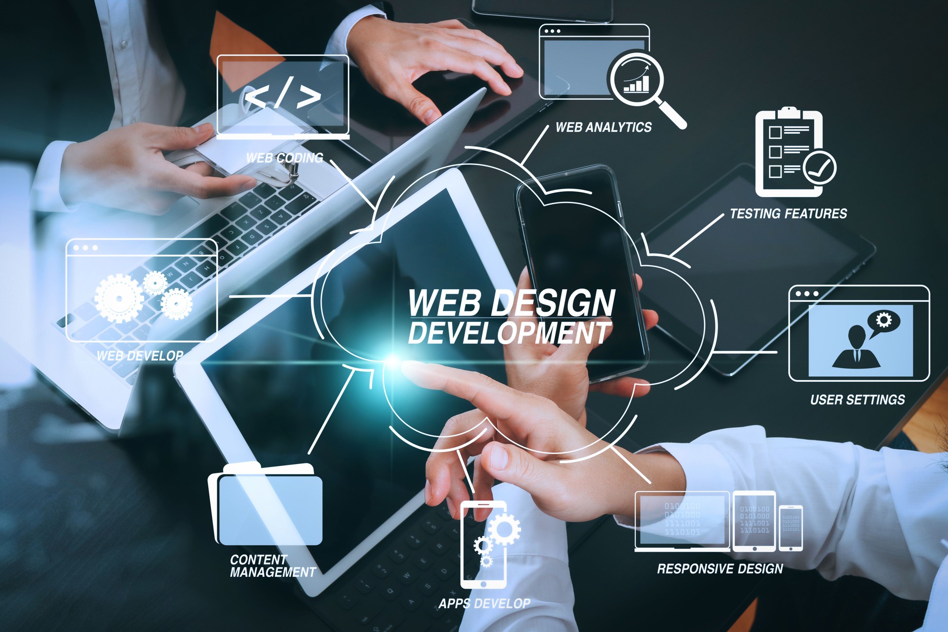 co working team meeting concept,businessman using smart phone and digital tablet and laptop computer and name tag in modern office